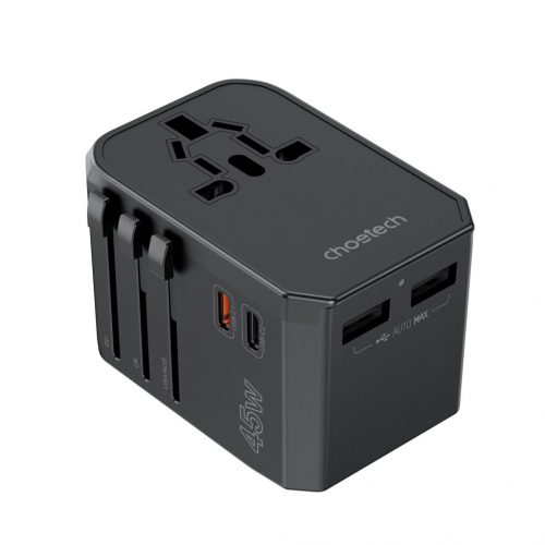 Choetech USB-C*2+A*2 (45W, fekete, travel, US,UK,EU,AU), töltő