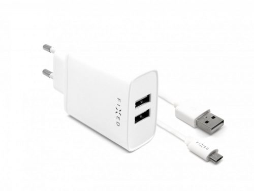 FIXED hálózati töltő 2db USB kimenettel és 1 méter mikro USB kábellel, 15W, fehér