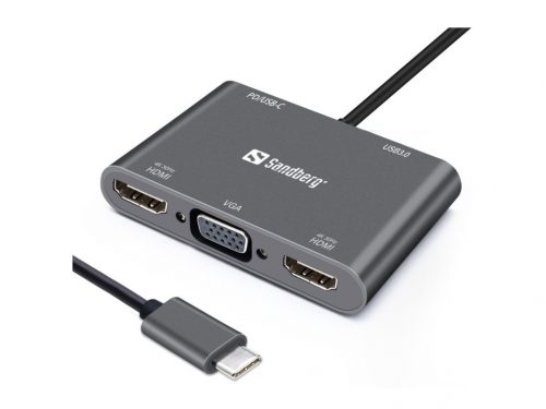 Sandberg USB-C Dock 2xHDMI+1xVGA+USB+PD Gray