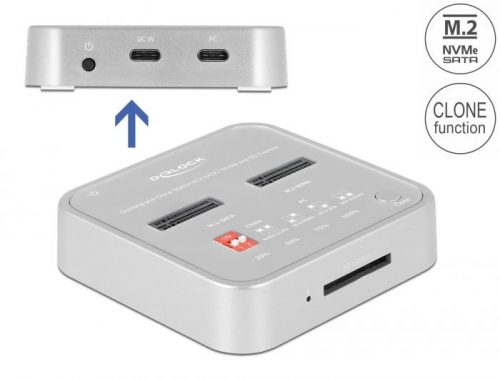 DeLock Docking Station for 1 x M.2 NVMe SSD + 1 x M.2 SATA SSD with SD Express (SD 7,1) Card Reader and Clone Function