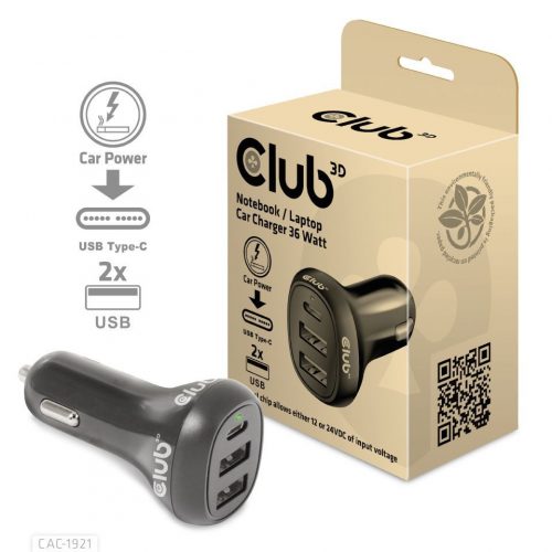 Club3D 36W Notebook/Laptop Power Car Charger Black