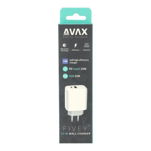 Avax CH631W FIVEY+ 25W GaN USB A + Type C Fast Charger White