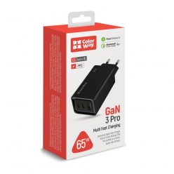   ColorWay USB töltő adapter GaN3 Pro Power Delivery (USB-A + 2 USB TYPE-C) (65W) Black