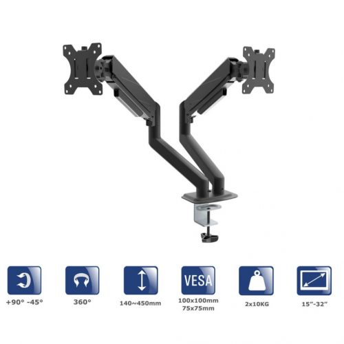 Akyga AK-MB-06 Dual Gas Spring Monitor Arm Double Desk Mount 2x10kg VESA 75x75mm / 100x100mm 15-32"