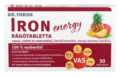 Dr.Theiss iron energy rágótabletta vassal, cinkkel és vitaminokkal mangó-ananász ízben 30 db