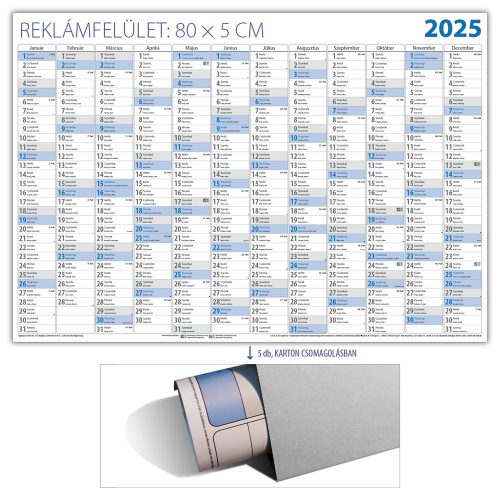 Plakátnaptár 980 × 680 mm, fehér lapokkal kék karton csomagolásban Dayliner 2025.