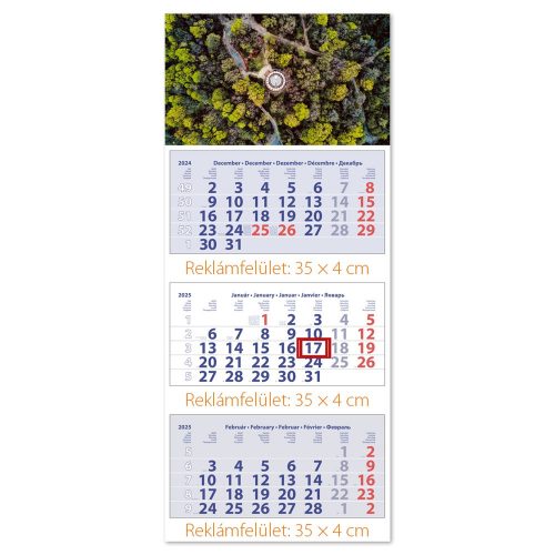 Speditőr naptár 3 tömb, 3 hónap Maxi Club 350 × 820 mm, fehér lapokkal Erdő Dayliner 2025.